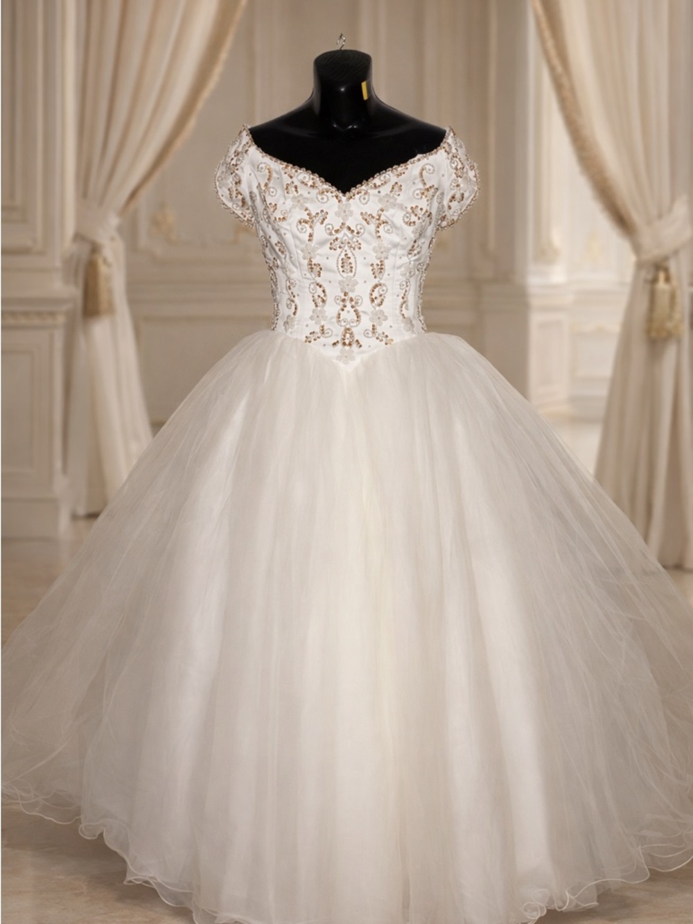 Ivory Off-Shoulder Ball Gown Wedding Dress with Embellished Bodice
